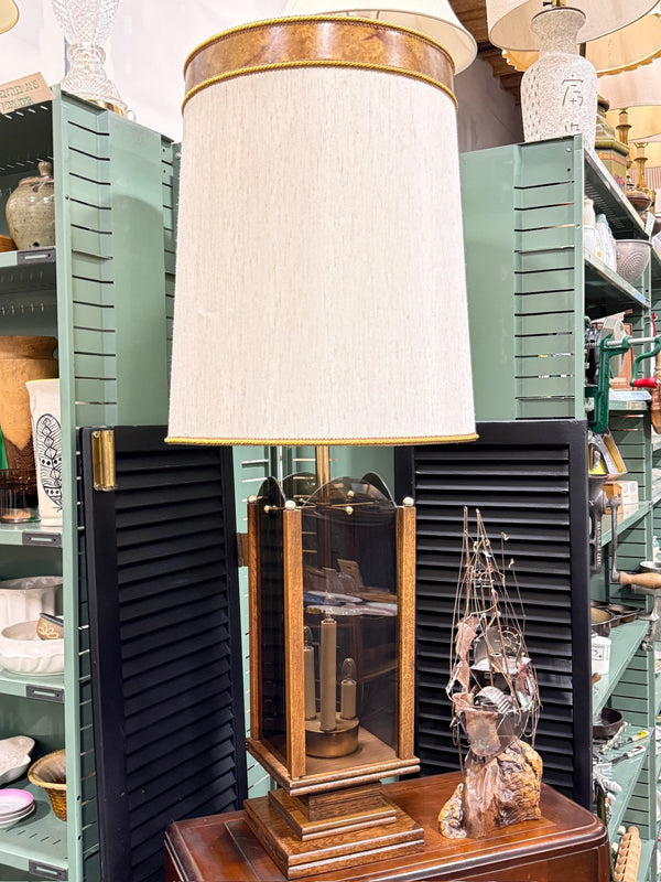 Vintage Oak and Smoked Glass Lantern Table Lamp, c. 1960–1980