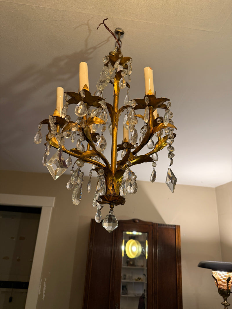 Vintage Italian Gilt Tole Six Light Crystal Chandelier, c. 1950–1975