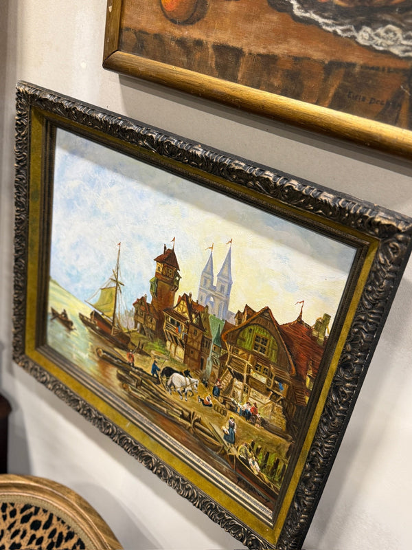 Vintage Signed European River Town Oil Painting, Framed, c. 1950–1985