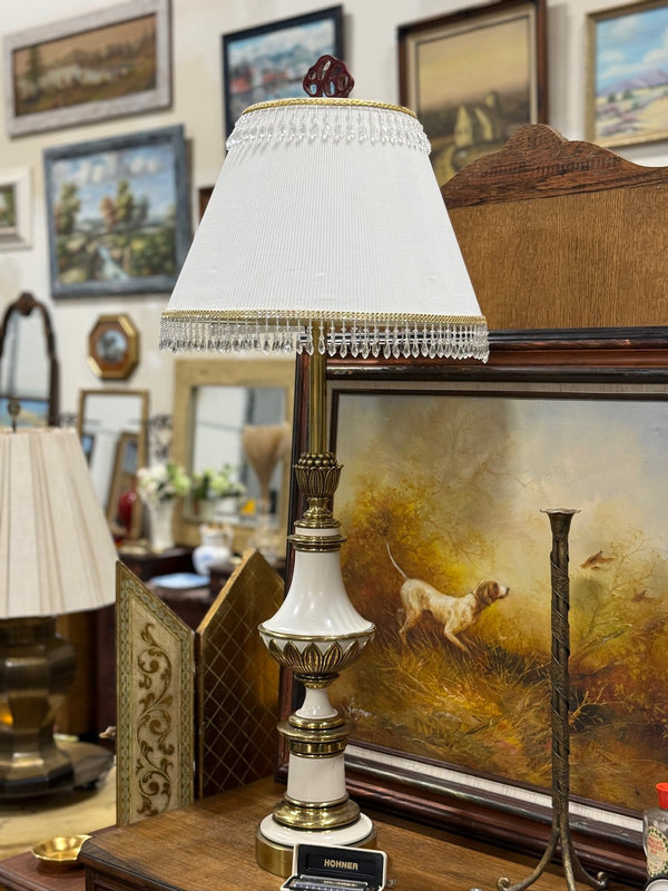Vintage Stiffel Brass and Ivory Enamel Table Lamp, Tall, c. 1955–1975