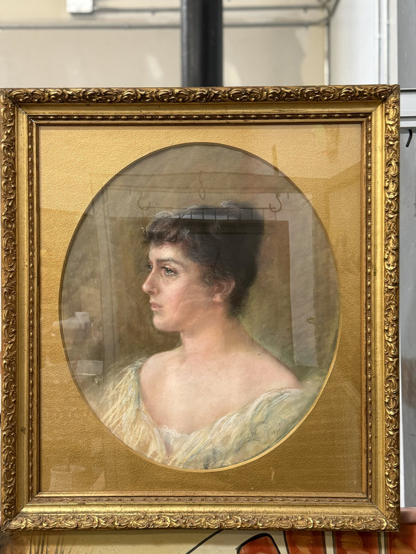 Antique Belgian Pastel Portrait of a Woman, Signed and Dated 1892