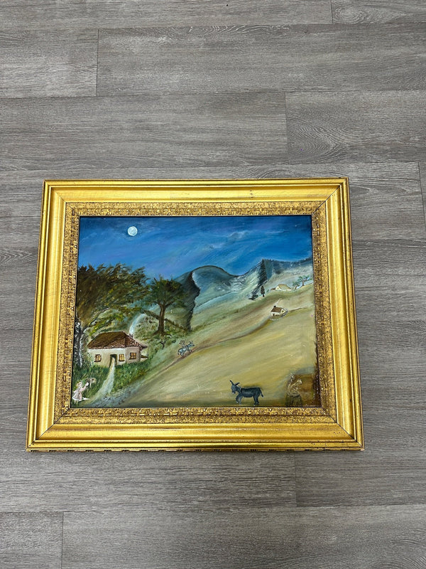 Naive Moonlit Hill Village with Donkey, Oil on Canvas, c. 1950–1980
