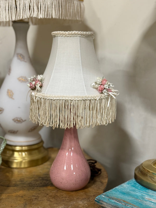 Vintage Pink Boudoir Lamp, Rose Trimmed Fringed Shade, c. 1950–1975