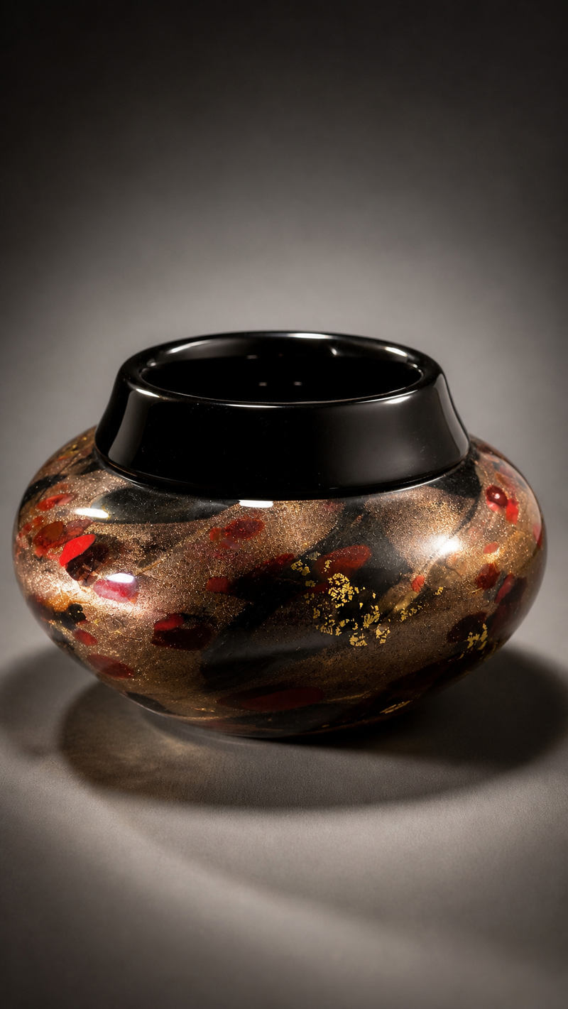 Michael Nourot Signed Art Glass Vase, c. 1980s–1990s Black, Gold & Ruby Studio Glass