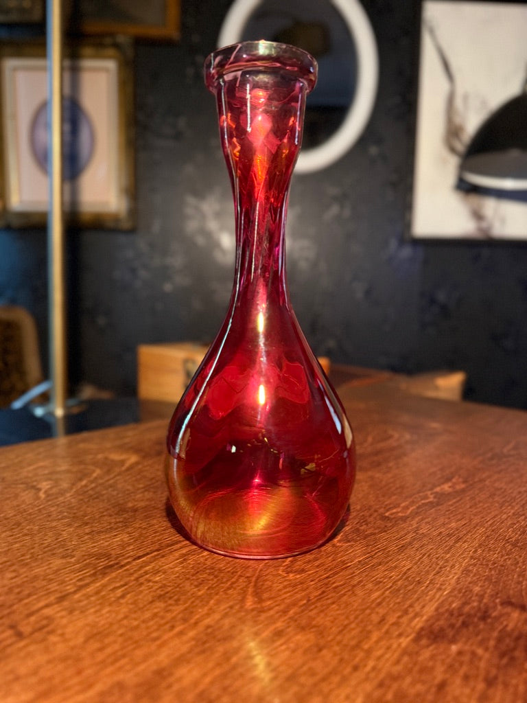 Ruby Optic Art Glass Vase — Hand-Blown Red Glass with Twisted & Scalloped Design (c. 1950s-60s)