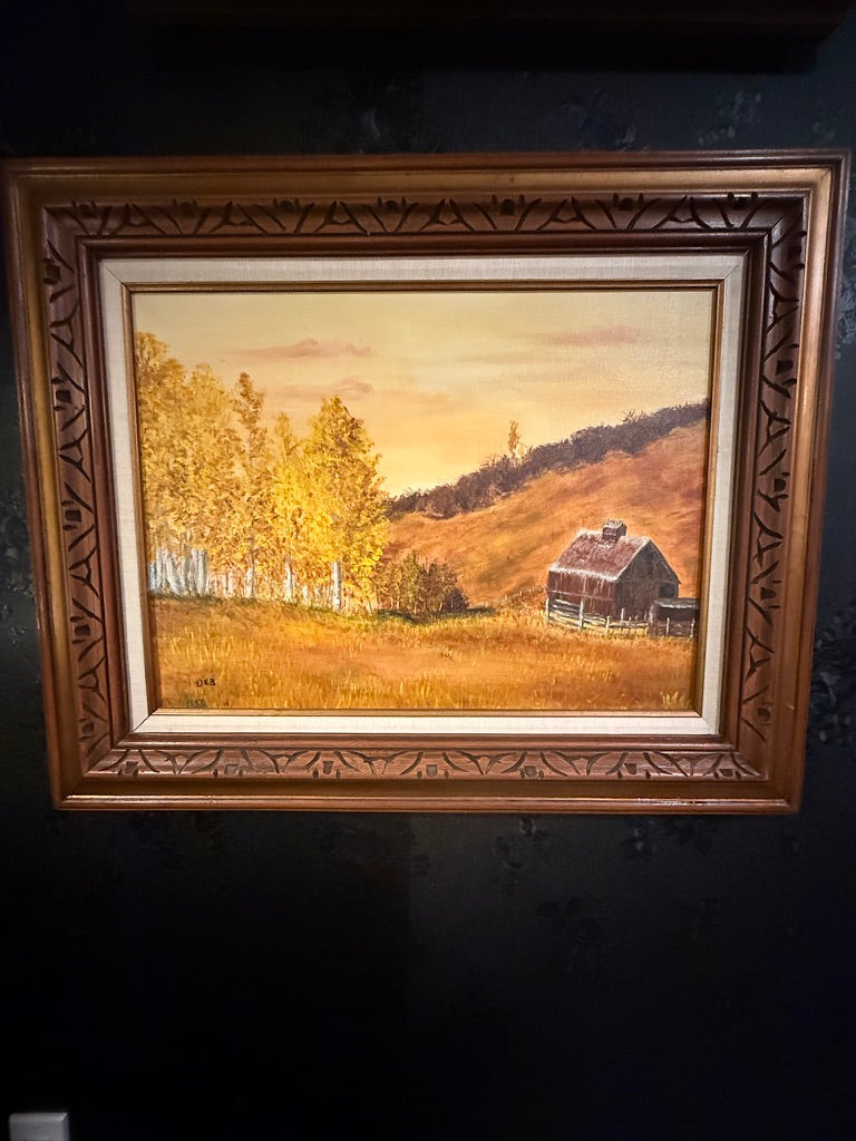 Vintage Landscape Painting, Old Ranch In Autumn Signed DEB, c. Mid Century
