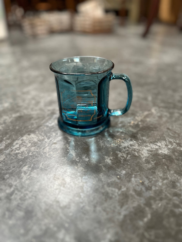 Teal Pressed Glass Souvenir Tankard, Gilt Cathedral Rock Cartouche, Sedona, Arizona, Made in U.S.A., c. 1960–1990