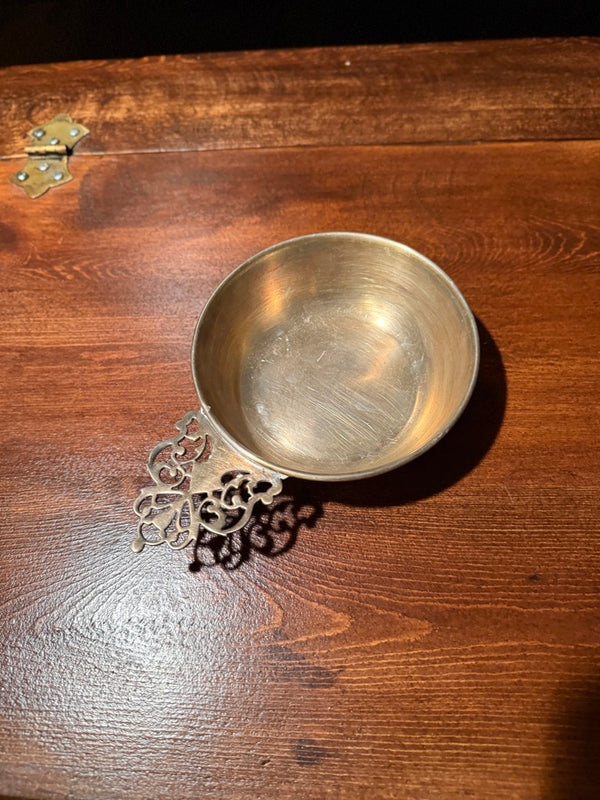 Early 20th Century Silverplate Porringer Bowl with Pierced Scroll Handle, Circa 1920s–1940s