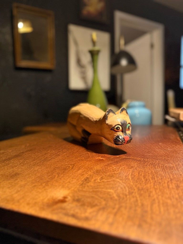 Hand-Carved Wooden Cat Folk Art Figure, c. 1920–1950
