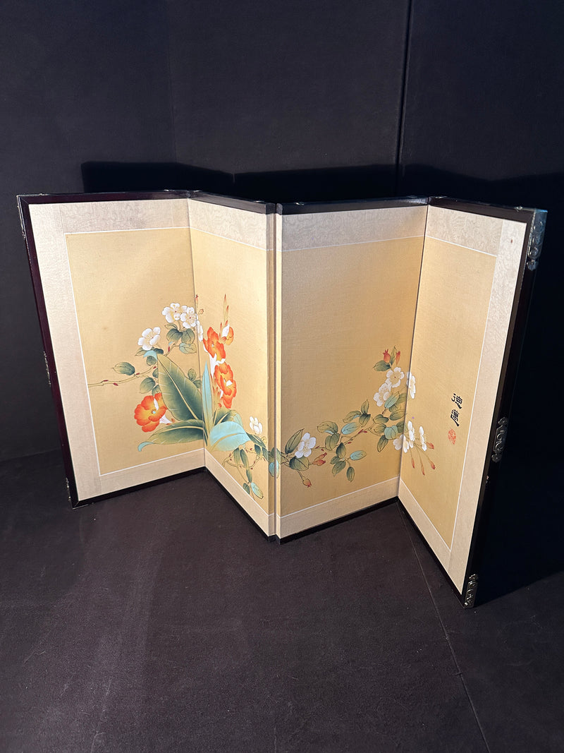Hand-Painted Japanese Silk Folding Screen with Floral Motif, c. 1950s–1970s