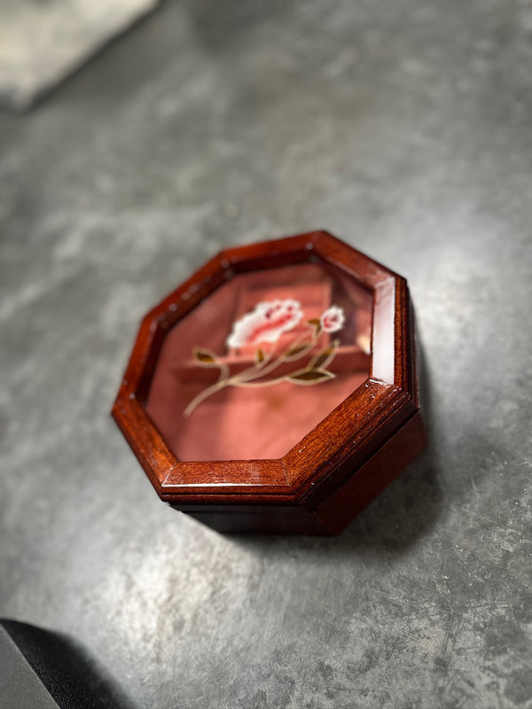 Octagonal Wooden Jewellery Box with Bevelled Glass Lid and Painted Rose Panel, Rose Velvet Fitted Interior, c. 1980–2010