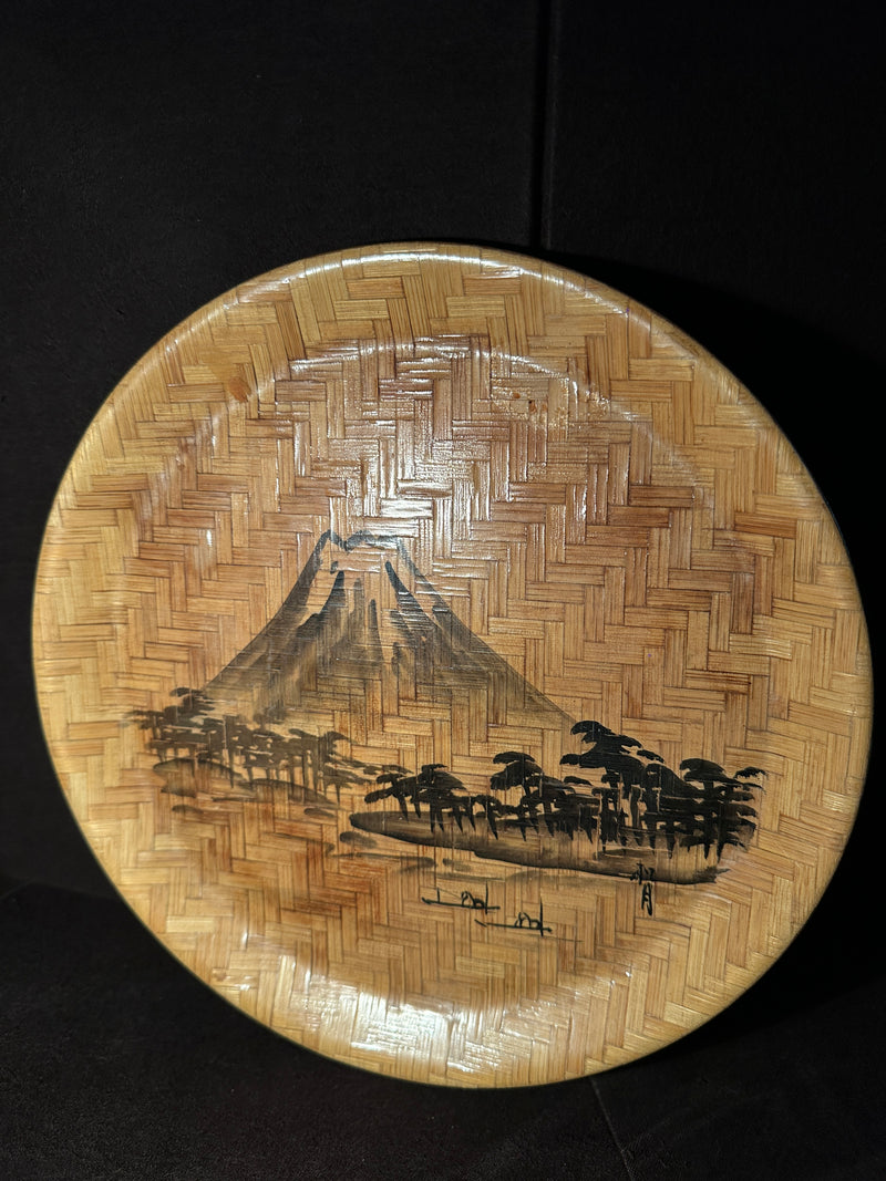 Hand-Painted Japanese Bamboo-Weave Lacquer Tray with Mount Fuji Landscape, c. 1950s