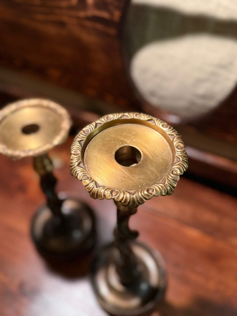 Pair of 1940s Jacobean Revival Barley Twist Wood & Brass Candlesticks