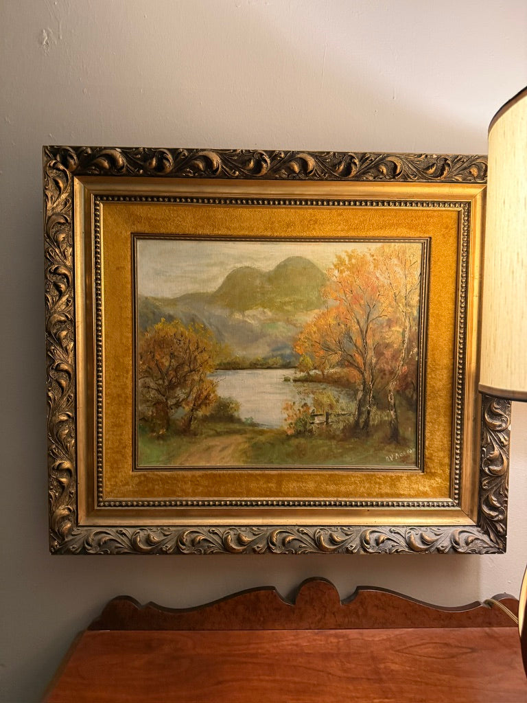 Signed M. L. Achorn Autumn Lake Oil Painting, c. 1890s–1910s