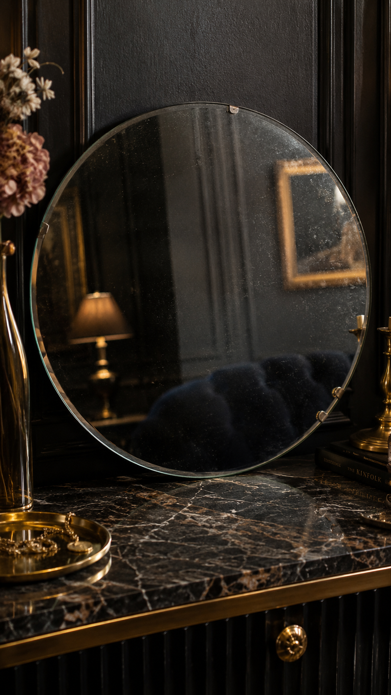 Large Vintage Round Frameless Mirror with Masonite Presdwood Backing, c. 1940s