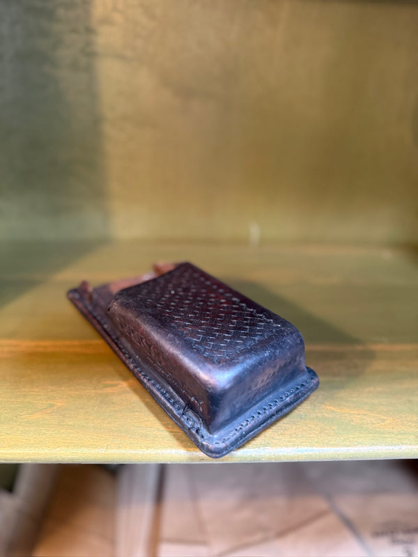 Basketweave-Tooled Leather Double Magazine Pouch, Divided Interior with Three-Position Snap Belt Loop, American Duty Leather, c. 1950–1990