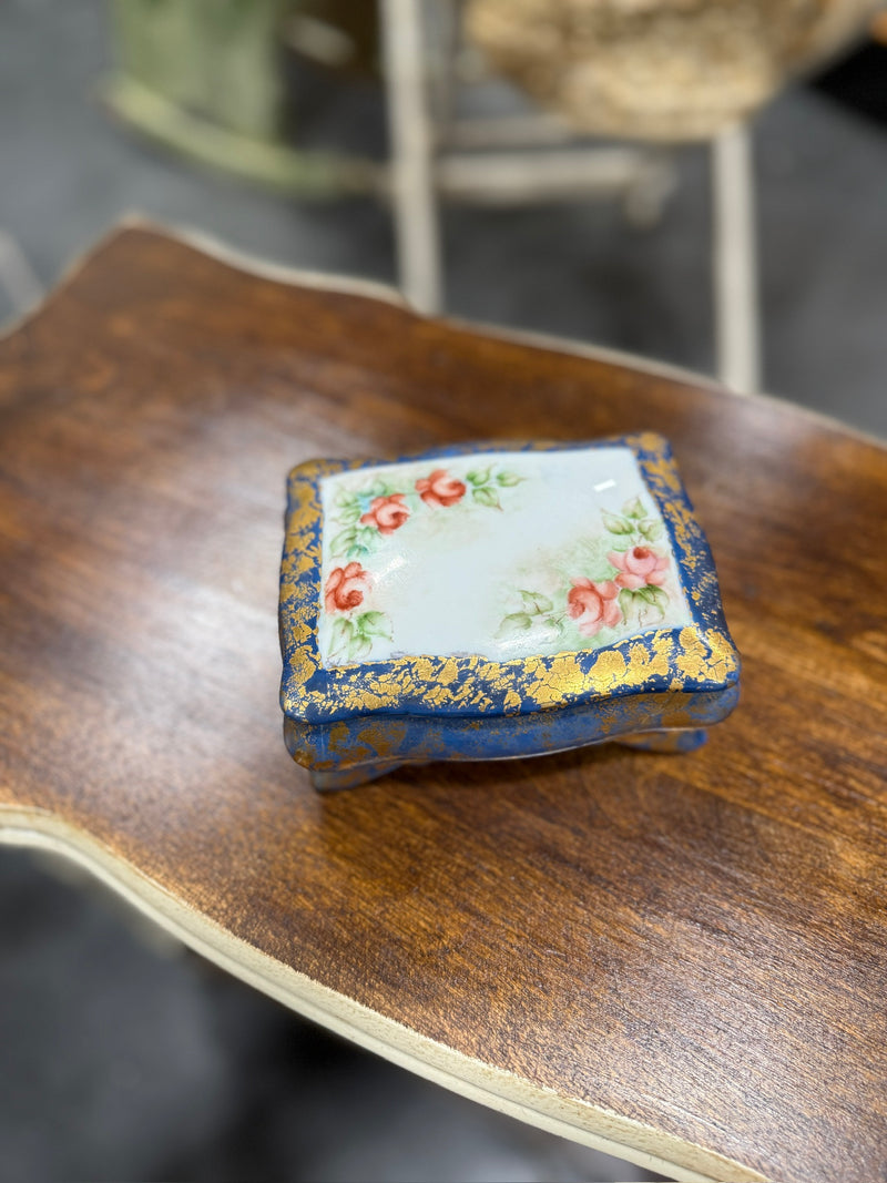 Artist-Signed Hand-Painted Porcelain Dresser Box with Cobalt Blue & Gold Finish