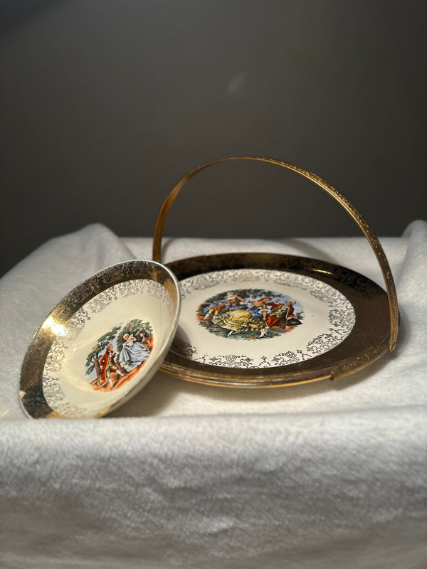 Sabin Crest-O-Gold 22K Porcelain Handled Tray & Bowl Set, c. 1940s–1960s