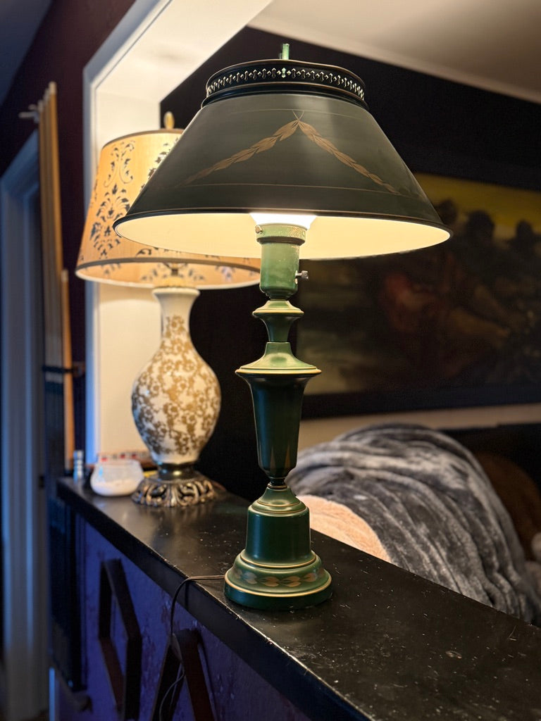 Vintage Emerald Green Toleware Table Lamp with Metal Shade, c. 1950s