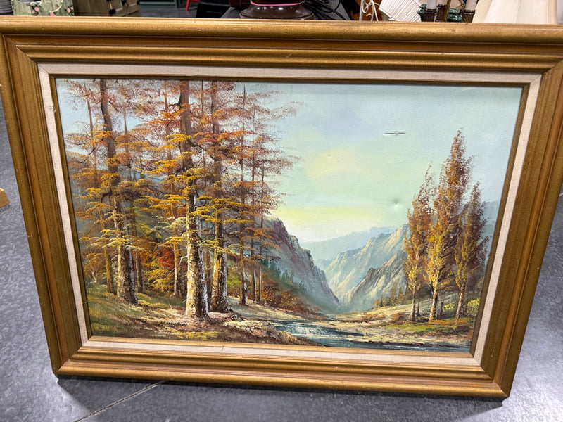 Mid-Century Signed H. Wilson Oil Landscape Painting, Alpine River Scene