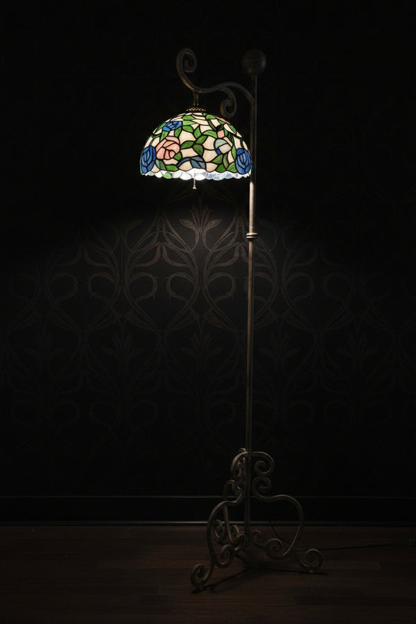 Early 20th Century Tiffany-Style Art Nouveau Floral Stained Glass Bridge Floor Lamp, c. 1920s–1940s
