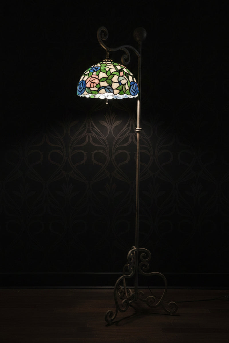 Early 20th Century Tiffany-Style Art Nouveau Floral Stained Glass Bridge Floor Lamp, c. 1920s–1940s
