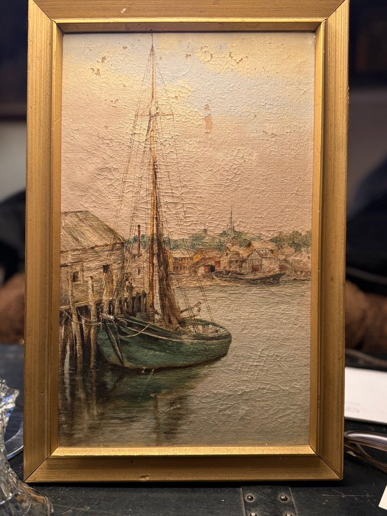 Antique Harbor Oil Painting With John Nighland Art Dealer Label, c. 1910s–1940s