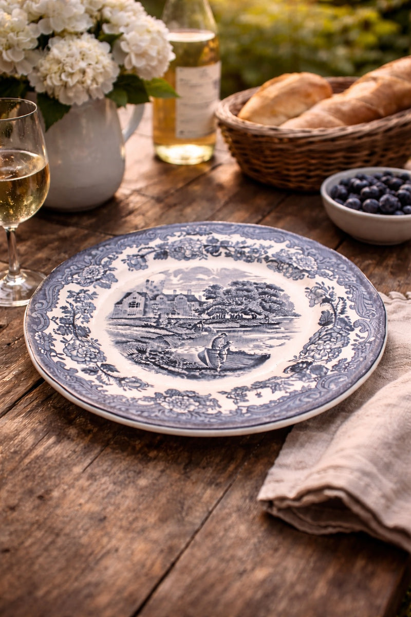 Royal Worcester Palissy “1790 Avon Scenes” Blue Transferware Bread Plate, c. 1958–1970s England