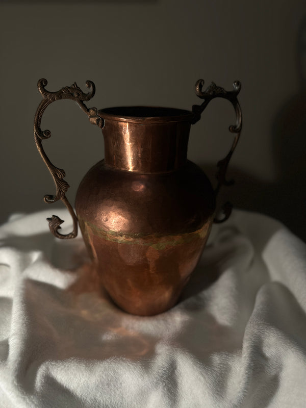 Large Hammered Copper Amphora Urn Vase with Ornate Cast Handles, c. 1930s–1950s