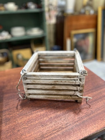 Vintage Slatted Wood Crate Basket with Rope Beckets, c. 1920–1955