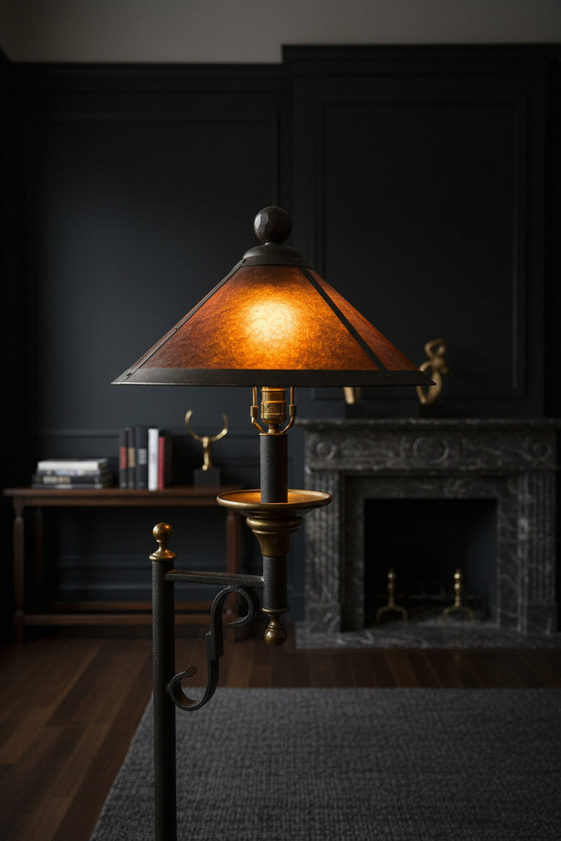 1920s Spanish Revival Wrought Iron Floor Lamp with Amber Mica Shade