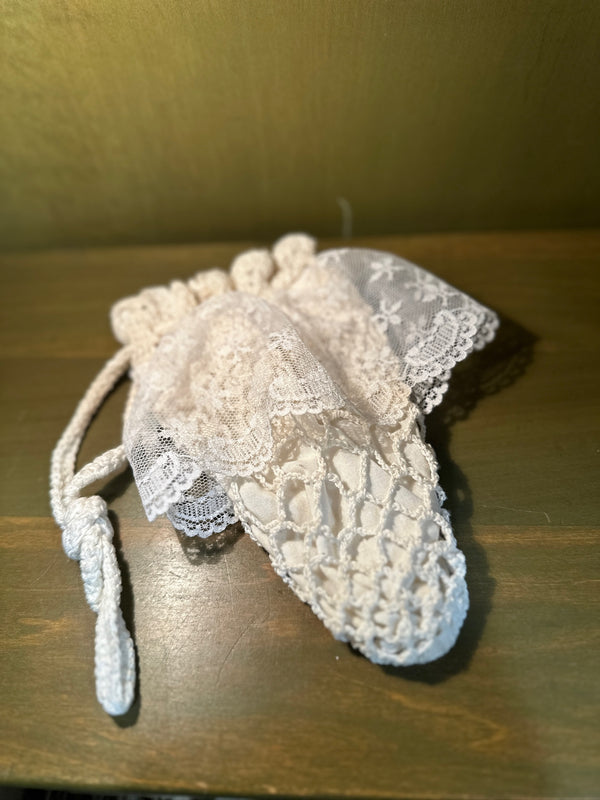 Hand-Crocheted Cotton Drawstring Reticule with Lace Inserts and Worked Cord Ties, Shell-and-Picot Base, Ivory