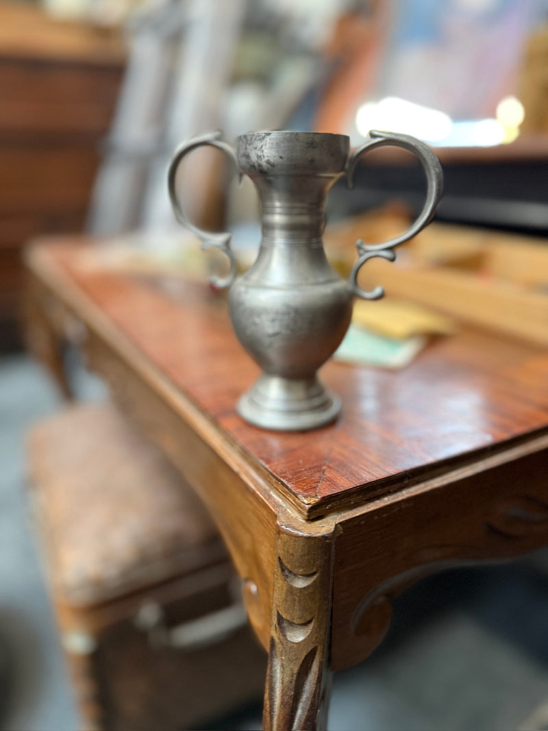 Vintage German Pewter Twin-Handled Vase, Zinn Mark, c. 1900–1940