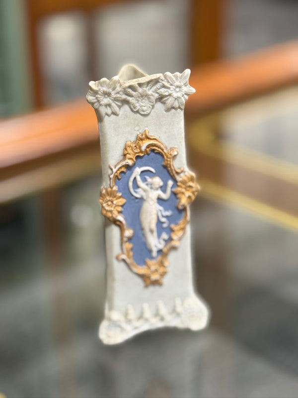 Bisque Porcelain Scroll-Form Bud Vase with Blue Jasper Cameo of a Dancing Maiden in a Gilt Rococo Cartouche, Attributed to Schafer & Vater, Germany, c. 1895–1915