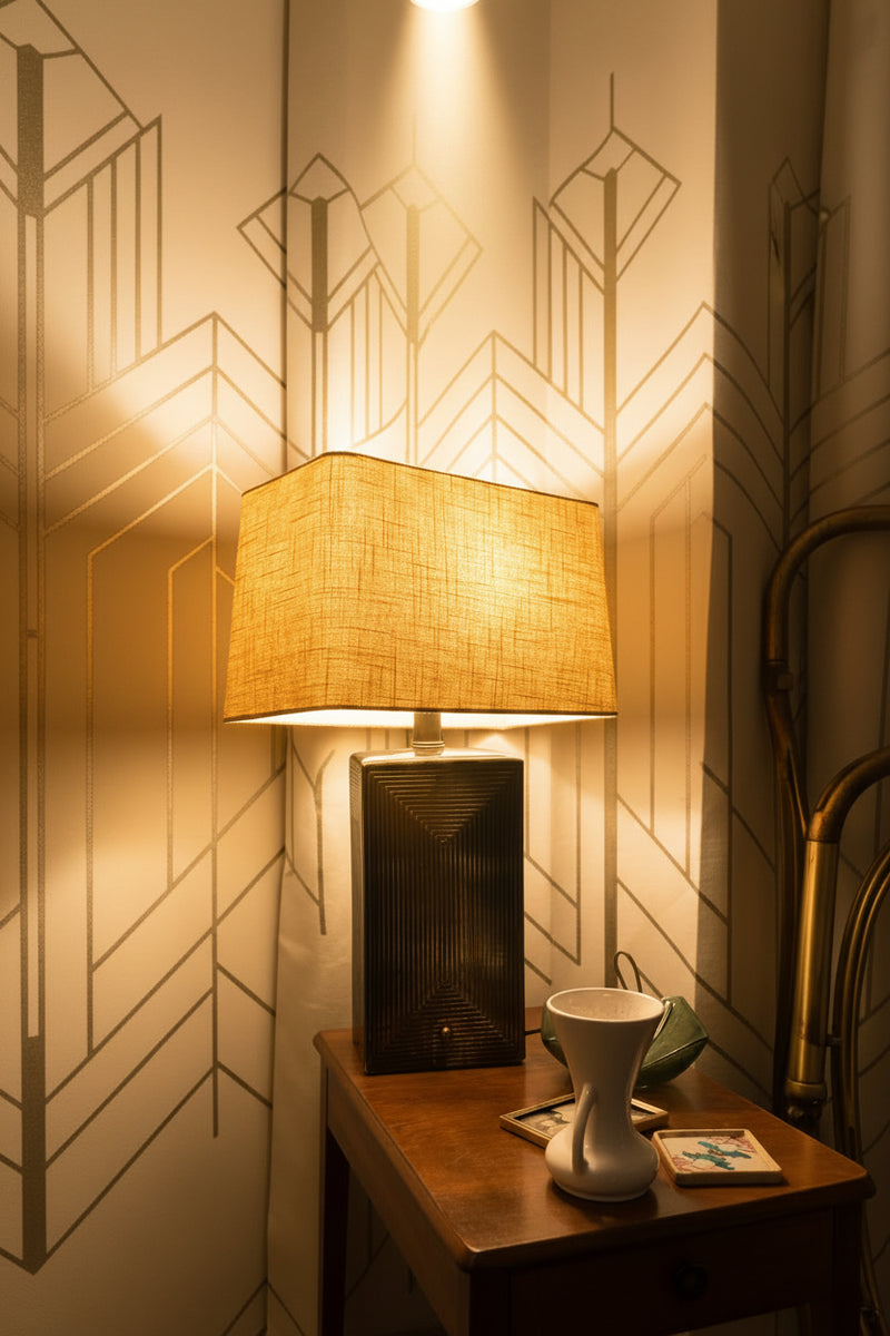 Mid-Century Modernist Brutalist Ceramic Table Lamp with Geometric Relief Base and Verdigris Patina, Circa 1950s–1960s