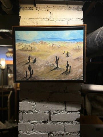 Mid-Century Desert Village Oil Landscape, Signed Petersen, c. 1950–1970