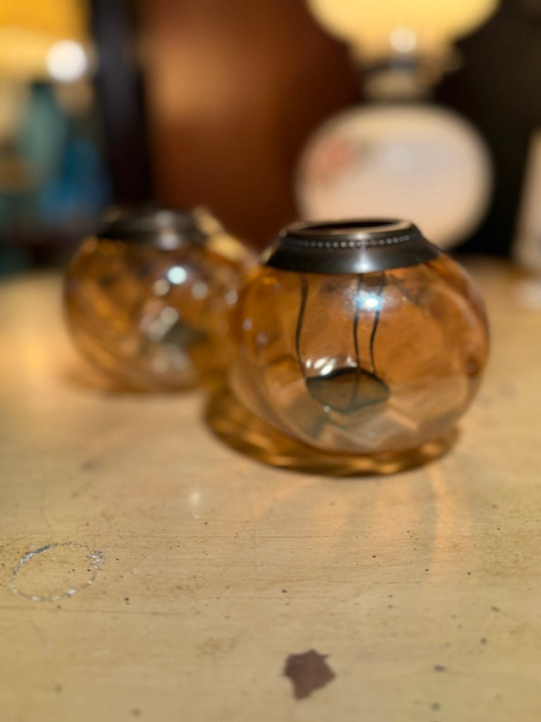 Pair of Mid Century Rose-Amber Glass Candle Holders, c. 1940s–1960s