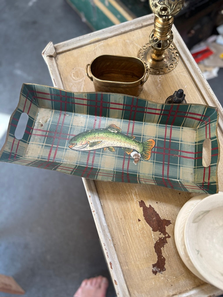 Vintage Gilt-Edged Trout & Plaid Toleware Tray