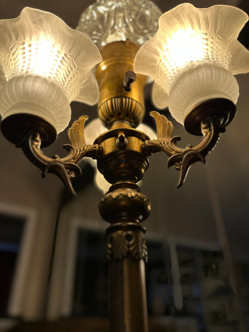 Antique Bronze Floor Lamp with Marble Base and Dual Switches, c. 1915–1930