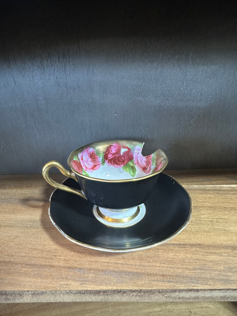 Royal Albert “Old English Rose” Black & Gold Teacup & Saucer, England, c. 1930s–1940s