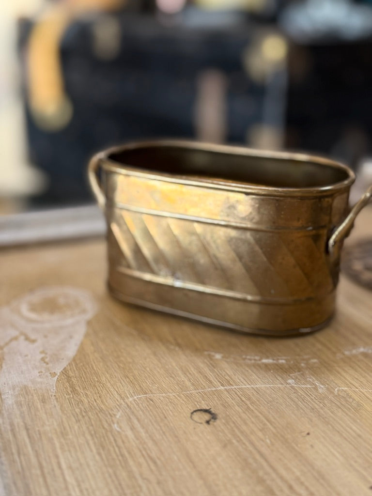 Vintage Oval Hammered Brass Jardinière With Side Handles, Circa 1940s
