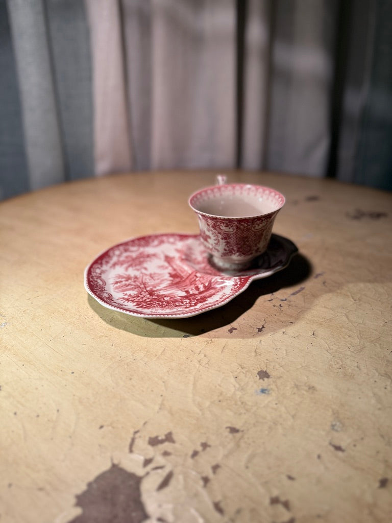 Antique Staffordshire Red Transferware Teacup & Shaped Saucer c. 1890–1910