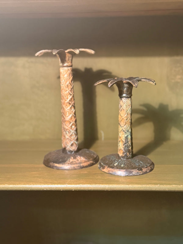 Vintage Cast Palm Tree Candlesticks, Pair, Verdigris, c. 1950–1960