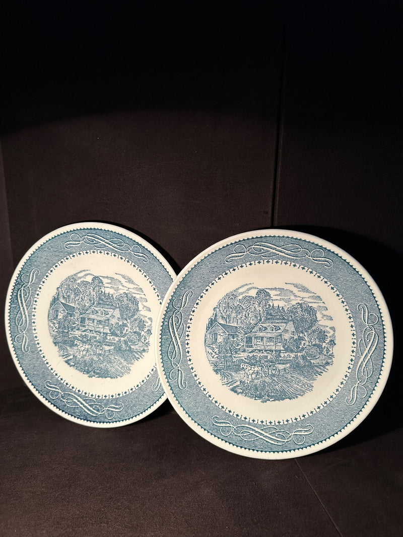 Taylor Ironstone Currier & Ives Blue Plates, Pair c. late 1950s