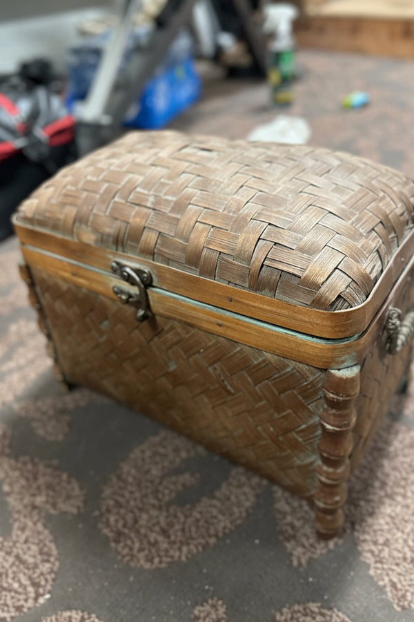 Woven Bamboo Storage Basket, c. 1960s | Lidded Chinoiserie-Style Decorative Chest