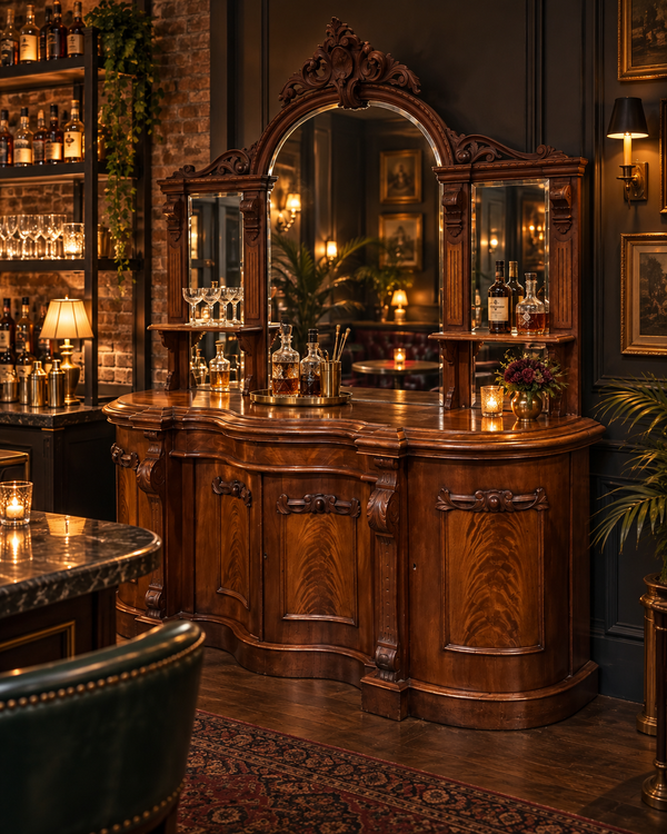 19th Century Scottish Victorian Mahogany Mirror-Back Bar Sideboard, Flame Veneer and Carved Acanthus, c. 1860–1870