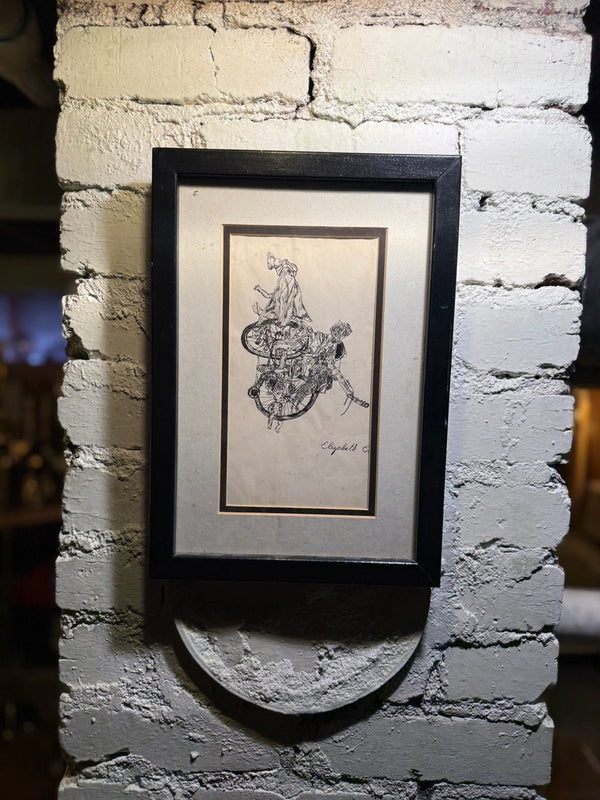 Mid Century Signed Figurative Ink Drawing of Figures Entwined with Bicycle c. 1950s