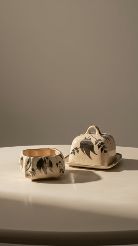 Vintage Staffordshire Sandland Ware Covered Butter Dish, Cream Jug & Bowl Set (c. 1940s-1950s)