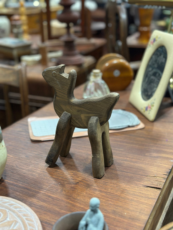 Folk Art Carved Wooden Deer, Sawn Silhouette Body with Four Knife-Whittled Legs Socketed Through, Unsigned American, c. 1930–1960