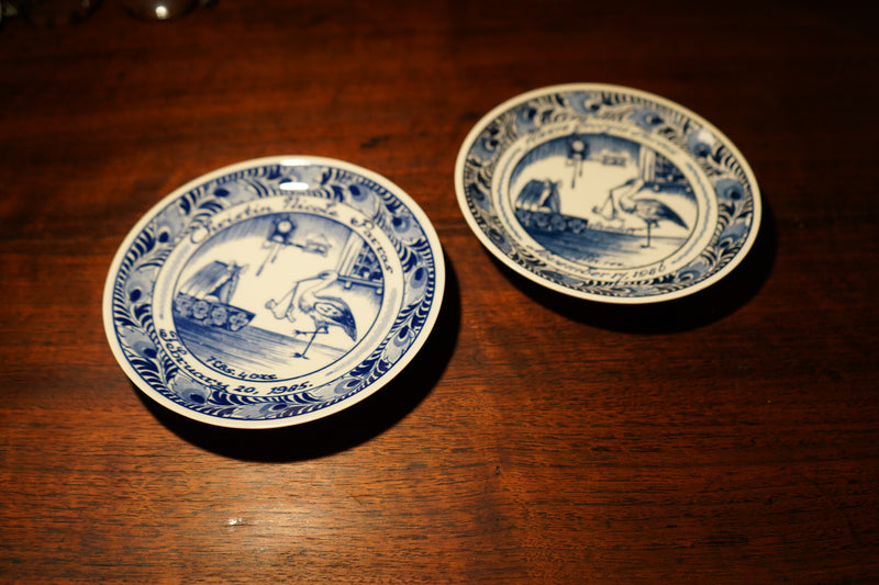 Pair of Vintage Delft Blue Personalized Birth Plates, c. 1980s
